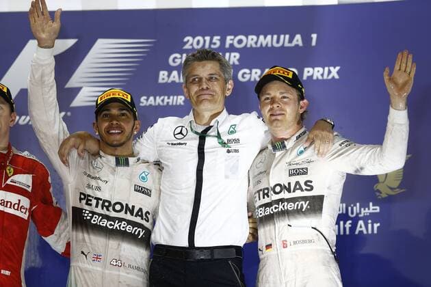 Motorsports: FIA Formula One World Championship WM Weltmeisterschaft 2015, Grand Prix of Bahrain, 44 Lewis Hamilton (GBR, Mercedes AMG Petronas Formula One Team), Stefan Stranz, 6 Nico Rosberg (GER, Mercedes AMG Petronas Formula One Team), xHOCHxZWEIx