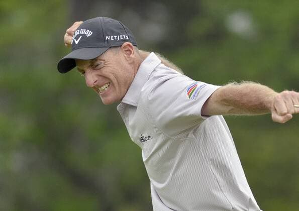 April 19, 2015 - Hilton Head, SC, USA - Jim Furyk celebrates after making his putt in the sudden death playoff against Kevin Kisner on the green on the 17th hole during the final round of the RBC Heritage Presented by Boeing on Sunday, April 19, 2015, at Harbour Town Golf Links on Hilton Head Island, S.C. RBC Heritage final round - ZUMAm67_