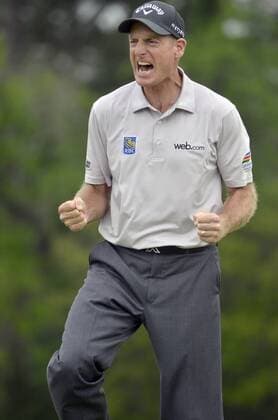 April 19, 2015 - Hilton Head, SC, USA - Jim Furyk celebrates after making his putt in the sudden death playoff against Kevin Kisner on the green on the 17th hole during the final round of the RBC Heritage Presented by Boeing on Sunday, April 19, 2015, at Harbour Town Golf Links on Hilton Head Island, S.C. RBC Heritage final round - ZUMAm67_