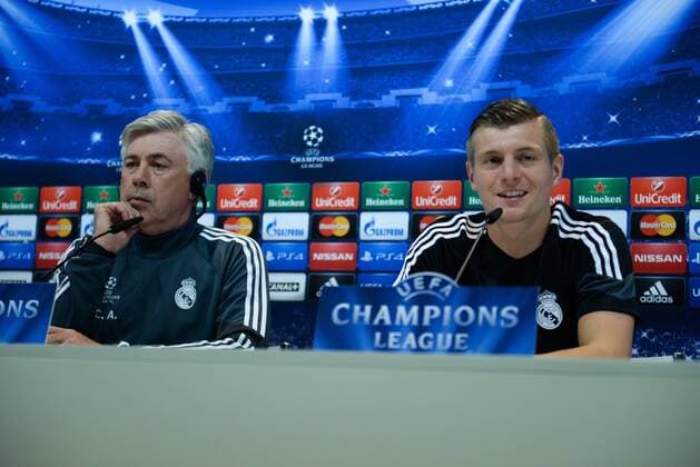 Aktuell Fußball, Champions League, Pressekonferenz Real Madrid ESPANA, MADRID 21 APR: Carlo Ancelotti, Toni Kroos, rueda de prensa in Ciudad Deportiva Real Madrid (Valdebebas), for the next match Champions League 2014 15 Real Madrid VS Atletico de Madrid in stadium Santiago Bernabeu (Madrid). 21th april of 2015 (Madrid). (Isa Saiz Cordon Press). 