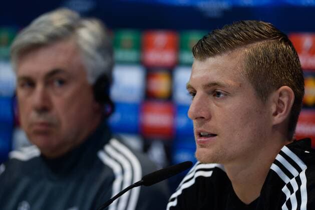 Aktuell Fußball, Champions League, Pressekonferenz Real Madrid ESPANA, MADRID 21 APR: Carlo Ancelotti, Toni Kroos, rueda de prensa in Ciudad Deportiva Real Madrid (Valdebebas), for the next match Champions League 2014 15 Real Madrid VS Atletico de Madrid in stadium Santiago Bernabeu (Madrid). 21th april of 2015 (Madrid). (Isa Saiz Cordon Press). 