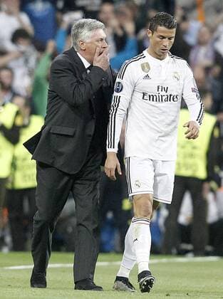 Aktuell Fußball, Champions League, Real Madrid - Atletico Madrid Real Madrid s coach Carlo Ancelotti with Cristiano Ronaldo during Champions League 2014 2015 Quarter-finals 2nd leg match.April 22,2015.  (2015042277)