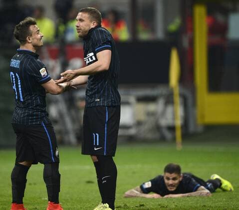 Xherdan Shaqiri, Lukas Podolski e Mauro Icardi Inter - Mailand, 25-04-2015 Stadio Giuseppe Meazza - Football Calcio Serie A Inter Mailand vs AS Rom giuseppexceleste