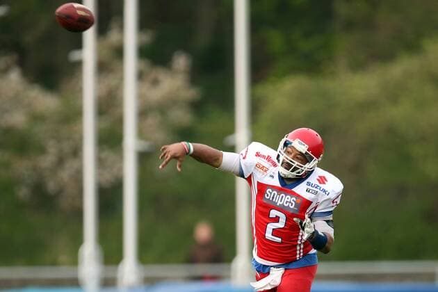 Rostock, 25. April 2015 American Football, Saison 2015 2016, German Football League 2, 1. Spieltag, Lübeck Cougars - Potsdam Royals: Cody Seibel (Potsdam Royals, 2)