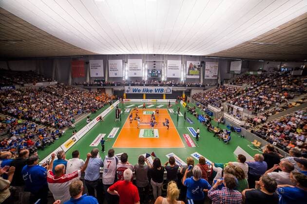 Friedrichshafen, Deutschland, 26.04.2015: Volleyball Bundesliga Playoffs Finale Spiel 3 (Best of Five) Saison 2014 2015 - VfB Friedrichshafen. Übersicht, Uebersicht, Totale of ZF Arena