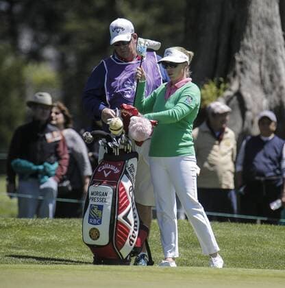 APR 26, 2015 San Francisco, CA : Brooke Henderson talk to her Caddy before the third shot at the First hole during LPGA Golf Damen Swinging Skirts Classic at Lake Merced Golf Club San Francisco, CA LPGA Golf 2015: Swinging Skirts Classic Final Round APR 26 - ZUMAc04_