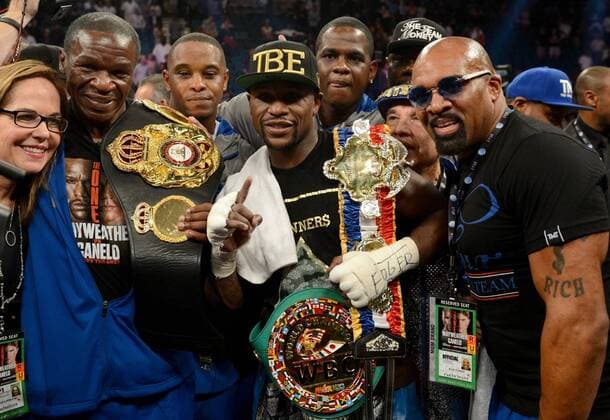 Floyd Mayweather, Jr. (USA), SEPTEMBER 14, 2013 - Boxing : Floyd Mayweather, Jr. of the United States celebrates with his champion belts after winning the WBC and WBA Super Welterweight titles bout at MGM Grand Garden Arena in Las Vegas, Nevada, United States. NoxThirdxPartyxSales  (XQOA000946)