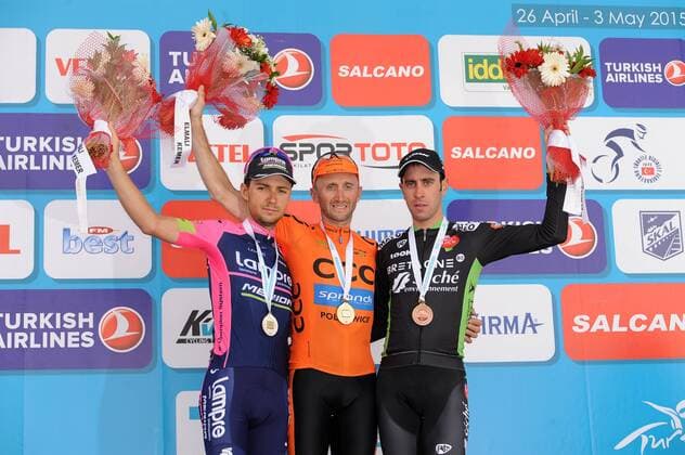 Podium v.l.n.r. (2.) Kristijan DURASEK ( SLO Lampre - Merida ) - (1.) Davide REBELLIN ( ITA CCC Sprandi Polkowice ) - (3.) Eduardo SEPULVEDA ( ARG Bretagne Seche Enviroment ) - Siegerehrung - Zeremonie - Ceremony - Jubel - Freude - Emotionen - Querformat - quer - horizontal - Event Veranstaltung: Tour of Turkey 2015 - Stage 3 3.Etappe: Kemer nach Elmali Seki 165.0 km - Location Ort: Elmali Seki - Turkey - Tuerkei - Asia - Asien - Date Datum: 28.04.2015
