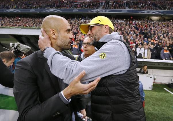 GUARDIOLA Pep Trainer Team FC Bayern Muenchen mit Trainer KLOPP Juergen DFB Pokal Saison 2014-2015 Halbfinale FC Bayer Muenchen-Borussia Dortmund am 28. April 2015 in der Allianz Arena in Muenchen 