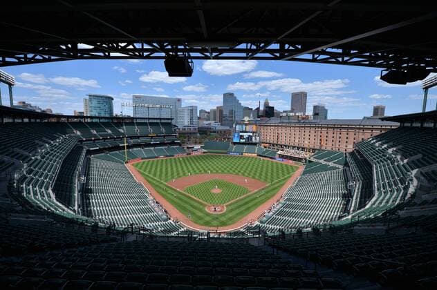 Orioles Park at Camden Yards is seen completely empty of fans in the first inning of the Orioles game against the Chicago White Sox, in Baltimore, Maryland on April 29, 2015. For the first time in Major League Baseball s history fans were not allowed to the game because of the ongoing civil unrest and protest in Baltimore in the wake of Freddie Gray s death. The late 25-year-old died earlier this month from a spinal injury while in police custody.  BAL20150429311 KEVINxDIETSCH