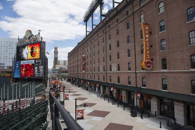 Orioles Park at Camden Yards is seen completely empty of fans in the first inning of the Orioles game against the Chicago White Sox, in Baltimore, Maryland on April 29, 2015. For the first time in Major League Baseball s history fans were not allowed to the game because of the ongoing civil unrest and protest in Baltimore in the wake of Freddie Gray s death. The late 25-year-old died earlier this month from a spinal injury while in police custody.  BAL20150429303 KEVINxDIETSCH
