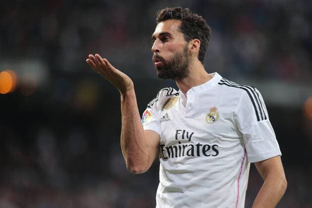 Madrid, Spain. 29th April 2015: Alvaro Arbeloa defender from Real Madrid CF, celebrating after scoring during the Liga BBVA round 34 against UD Almeria at the Santiago Bernabeu stadium. 