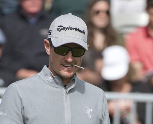 Justin Rosechews on his tee on the first hole of the World Golf Championship Cadillac Match Play at Harding Park in San Francisco on April 29, 2015.  SXP2015042902 TERRYxSCHMITT