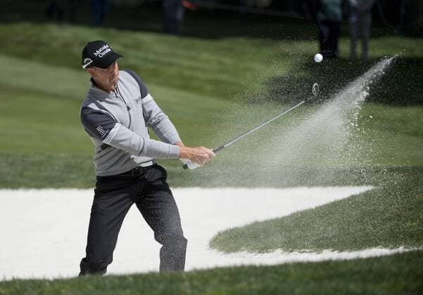 Henrik Stenson of Sweden hits out of the sand on the first hole of the World Golf Championship Cadillac Match Play at Harding Park in San Francisco on April 29, 2015.  SXP2015042908 TERRYxSCHMITT