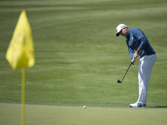 Sergio Garcia of Spain chips toward the pin on the first hole of the World Golf Championship Cadillac Match Play at Harding Park in San Francisco on April 29, 2015.  SXP2015042913 TERRYxSCHMITT