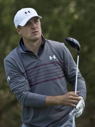 Jordan Spieth watches his drive on the fourth hole of the World Golf Championship Cadillac Match Play at Harding Park in San Francisco on April 29, 2015.  SXP2015042921 TERRYxSCHMITT