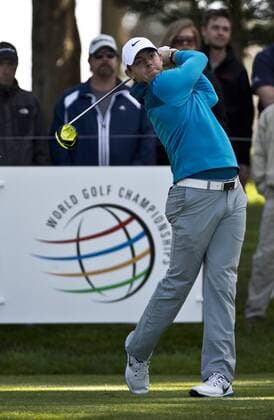Number one seed Rory Mcllroy tees off on the seventh hole of the World Golf Championship Cadillac Match Play at Harding Park in San Francisco on April 29, 2015.  SXP2015042926 TERRYxSCHMITT