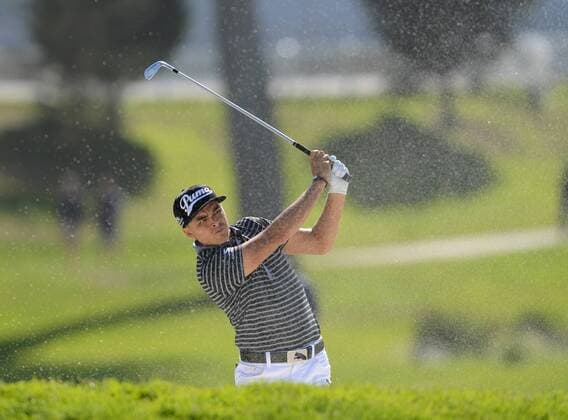 April 29, 2015 - San Francisco, CA, USA - Rickie Fowler hits out of a fairway bunker on the 14th hole at the 2015 World Golf Championship Cadillac Match Play event at TPC Harding Park in San Francisco, Calif., on Wednesday, April 29, 2015. 2015 World Golf Championship Cadillac Match Play event at TPC Harding Park - ZUMAm67_