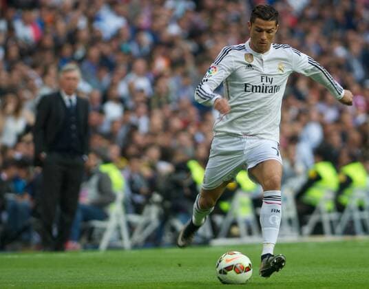Real Madrid Forward, Cristiano Ronaldo dos Santos - RONALDO, number 7 . Real Madrid Coach, Carlo Ancelotti - ANCELOTTI. Round 34 of the BBVA league, soccer match between Real Madrid - UD Almeria at the Santiago Bernabeu estadium, Madrid - Spain by April 29, 2015. PHOTO: Gregorio Lopez. 