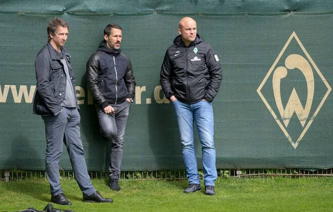 GER, 1.FBL, Training Werder Bremen 01.05.2015 01.05.2015, Trainingsgelaende, Bremen, GER, 1.FBL, Training Werder Bremen, im Bild Frank Baumann (Direktor Profifußball Werder Bremen), Thomas Eichin (Geschaeftsfuehrer Werder Bremen), Rouven Schröder (Direktor Profifußball Werder Bremen) nphxFrisch