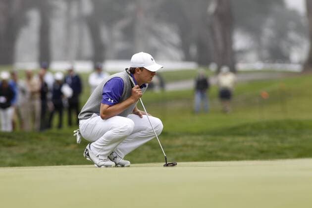 May 01, 2015: Jordan Spieth reads the green in third round action of the World Golf Championships at Harding Park in San Francisco, CA. GOLF: MAY 01 PGA Golf Herren - World Golf Championships-Cadillac Match Play - Third Round Icon788150501011 EDITORIAL USE ONLY