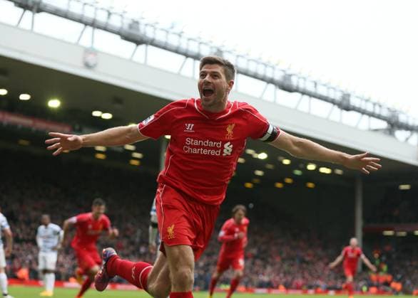 Steven Gerrard of Liverpool celebrates scoring his winning goal - Barclays Premier League - Liverpool vs QPR - Anfield Stadium - Liverpool - England - 2nd May 2015 - Picture Simon Bellis Sportimage EDITORIAL USE ONLY. No use with unauthorised audio, video, data, fixture lists, club league logos or live services. Online in-match use limited to 120 images, no video emulation. No use in betting, games or single club league player publications.