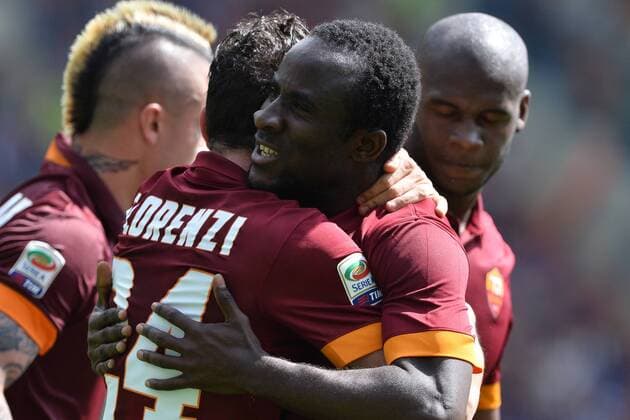 Seydou Doumbia Roma, Florenzi. Goal celebration. Roma 3-05-2015 Stadio Olimpico. Football Calcio 2014 2015 Serie A. AS Roma vs. Genoa CFC. AntoniettaxBaldassarre