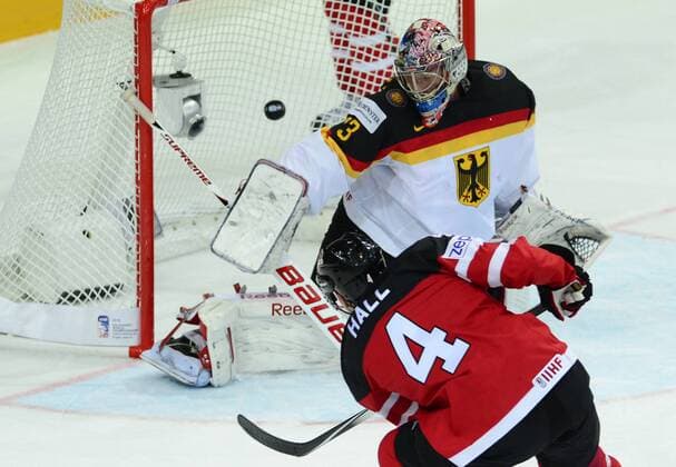Canadian player Taylor Hall (front) scores against goalkeeper Danny aus den Birken (GER) during the Ice hockey Eishockey World Championship WM Weltmeisterschaft Group A match Canada vs Germany in Prague, Czech Republic, May 3, 2015. (CTKxPhoto RomanxVondrous) CTKPhotoP201505030501101  vnd