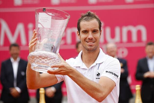 May 3, 2015 - Estoril, Portugal - French tennis player Richard Gasquet lifts up his trophy during the award cerimony after winning the Portugal Open tennis tournament in Estoril, near Lisbon. Estoril on May 3, 2015. NURPHOTO CARLOS PALMA. TENNIS-POR ATP Tennis Herren ESTORIL-OPEN  - ZUMAn230
