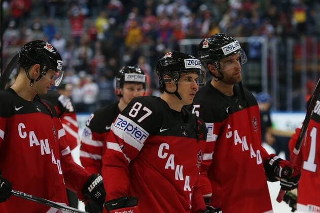 Ice hockey Eishockey - IIHF Ice Hockey WC 2015 PRAGUE,CZECH REPUBLIC,03.MAY.15 - ICE HOCKEY - IIHF World Ice Hockey Championships, international match Länderspiel Canada vs Germany. Image shows Sidney Crosby and Aaron Ekblad (CAN). GEPAxpictures xAndreasxPranter 