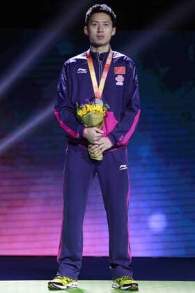 SUZHOU, CHINA - MAY 03: (CHINA OUT) Fang Bo of China stands on the podium after men s singles final match against Fang Bo of China on day eight of the 2015 World Table tennis Tischtennis Championships at the Suzhou International Expo Center on May 3, 2015 in Suzhou, China.  CFP466952937 