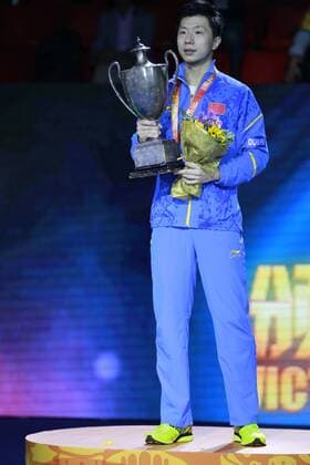 SUZHOU, CHINA - MAY 03: (CHINA OUT) Ma Long of China poses with his trophy after winning men s singles final match against Fang Bo of China on day eight of the 2015 World Table tennis Tischtennis Championships at the Suzhou International Expo Center on May 3, 2015 in Suzhou, China.  CFP466952938 