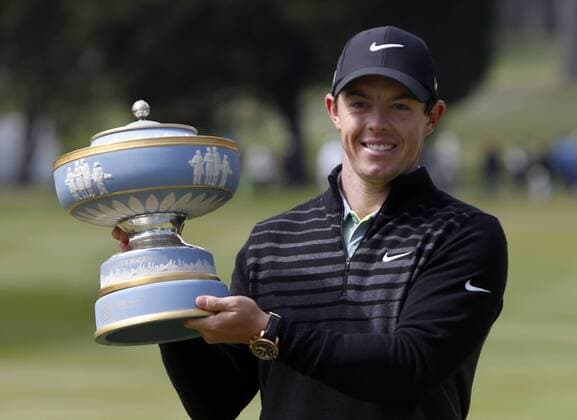May 3, 2015 - San Francisco, CA, USA - Rory McIlroy, of Northern Ireland, poses with the Walter Hagen Cup on the 16th green after winning the WGC-Cadillac Match Play golf tournament on Sunday, May 3, 2015, at TPC Harding Park in San Francisco. WGC-Cadillac Match Play golf tournament - ZUMAm67_