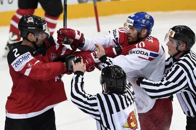 Dan Hamhuis of Canada, left, and Radek Smolenak of Czech Republic in action during the Ice hockey Eishockey World Championship WM Weltmeisterschaft Group A match Czech Republic vs Canada in Prague, Czech Republic, May 4, 2015. (CTKxRomanxVondrous) CTKPhotoP201505040913001  vnd