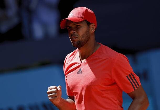 May 5, 2014 - Madrid, Spain - Spain, Madrid : French tennis player Jo-Wilfried Tsonga celebrates after winning his match against Czech tennis player Lukas Rosol during the Madrid ATP Tennis Herren Masters Series Tournament tennis match in Madrid,day 5 on May 5, 2015. Madrid Open Tennis 2015: Jo-Wilfried Tsonga vs Lukas Rosol  - ZUMAn230