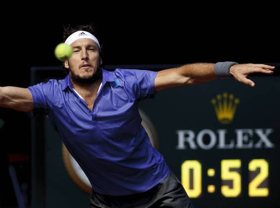 May 5, 2014 - Madrid, Spain - Spain, Madrid : Argentinean tennis player Juan Monaco returns the ball to Canadian tennis player Milos Raonic during the Madrid ATP Tennis Herren Masters Series Tournament tennis match, day 5 on May 5, 2015 in Madrid Madrid Open Tennis 2015: Juan Monaco vs Milos Raonic  - ZUMAn230