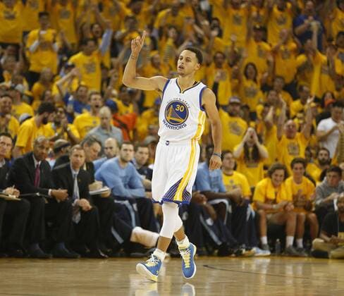 May 5, 2015 - Oakland, CA, USA - The Golden State Warriors Stephen Curry celebrates a 3-pointer against the Memphis Grizzlies in the first quarter of Game 2 of the Western Conference semifinals at Oracle Arena in Oakland, Calif., on Tuesday, May 5, 2015. Memphis at Golden State, Game 2 - ZUMAm67_