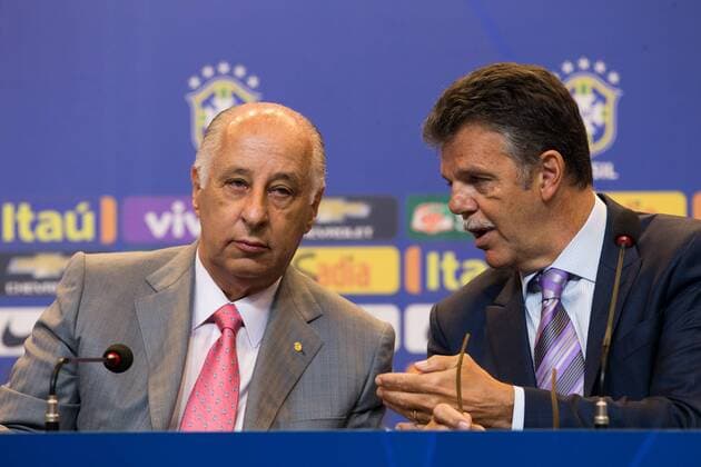 President of the Brazilian Football Confederation Marco Polo Del Nero (L) and Brazilian Coordinating Coach Gilmar Rinaldi attend a press conference PK Pressekonferenz announcing the list of players of the Brazilian National Football Team which will play the Copa America 2015 in Chile, in Rio de Janeiro May 5, 2015. ) (SP)BRAZIL-RIO DE JANEIRO-COPA AMERICA-NATIONAL FOOTBALL TEAM XuxZijian 