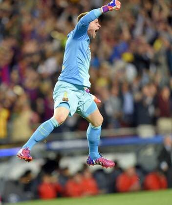 06.05.2015, Fussball Champions League 2014 2015, Halbfinale Hinspiel, FC Barcelona Barca - FC Bayern München, im Stadion Camp Nou in Barcelona (Spanien). Torwart Marc-Andre ter Stegen (Barcelona) jubelt 