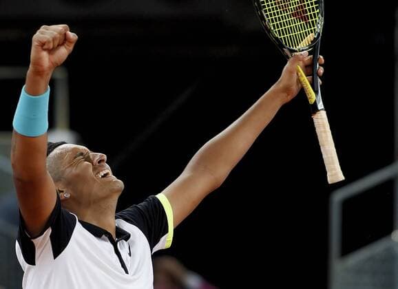 May 6, 2014 - Madrid, Spain - Spain, Madrid : Australian tennis player Nick Kyrgios celebrates after winning his match against Swiss tennis player Roger Federer during the Madrid ATP Tennis Herren Masters Series Tournament tennis match in Madrid,day 6 on May 6, 2015. Open Madrid Tennis, Federer Vs Nick Kyrgios  - ZUMAn230