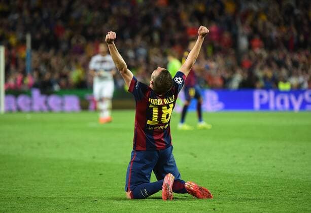 06.05.2015, xjhx, Fussball Champions League, FC Barcelona Barca - FC Bayern Muenchen, v.l. Jordi Alba (FC Barcelona) jubeln jubelt nach Spielende.