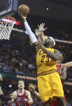 May 6, 2015 - Cleveland, OH, USA - The Cleveland Cavaliers LeBron James (23) drives past the Chicago Bulls Jimmy Butler during the second quarter in Game 2 of the Eastern Conference semifinals at Quicken Loans Arena in Cleveland on Wednesday, May 6, 2015. The Cavs won, 106-91, to even the series. Chicago at Cleveland, Game 2 - ZUMAm67_