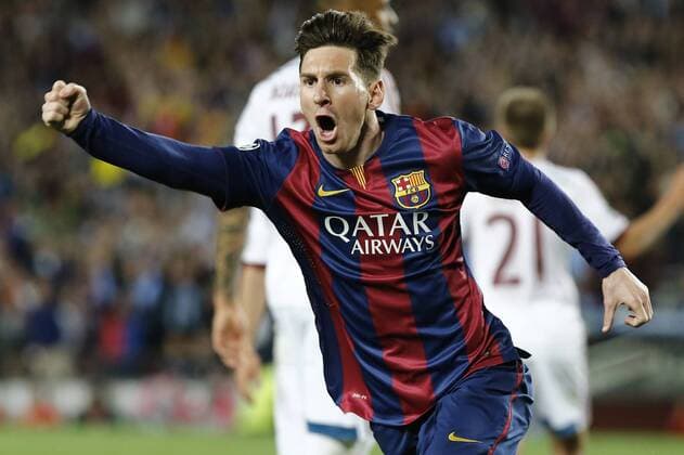 BARCELONA, May 6, 2015 -- Barcelona s Argentine forward Lionel Messi celebrates after scoring during the first round match of semifinal against FC Bayern München at the 2014-2015 UEFA Champions League at Camp Nou Stadium in Barcelona, Spain, May 6, 2015. Barcelona won 3-0. ) (SP)SPAIN-BARCELONA-SOCCER-UEFA CHAMPIONS LEAGUE-SEMIFINAL-FCB VS FC FC Bayern München PauxBarrena 