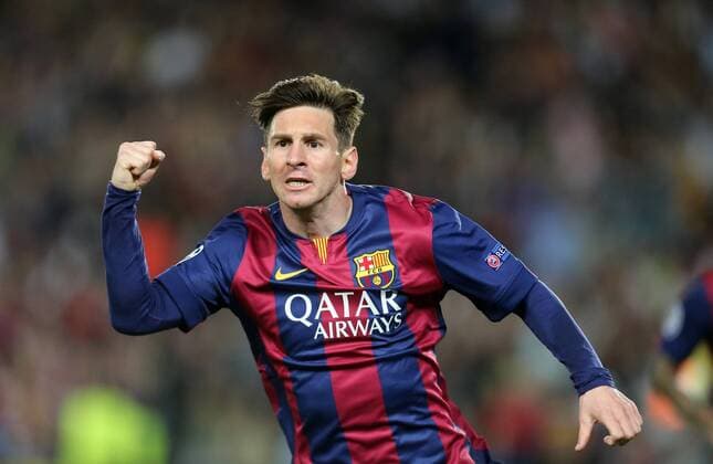 Lionel Messi (Barcelona), jubelt nach seinem Tor zum 1:0 FC Barcelona Barca FC Bayern München, Barca-FCB, Champions League 2014 2015, Halbfinale, half-final, Hinspiel, 1. Spiel, first match, Fussball, men, Maenner, soccer, Ergebnis, result Barcelona, 6.5.2015