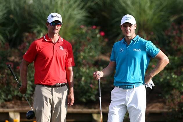 May 7, 2015 - Ponte Vedra Beach, Florida, United States - Adam Scott (L) and Martin Kaymer wait to tee off the 18th hole during the first round of THE PLAYERS Championship. THE PLAYERS Championship - Round 1 - ZUMAw109