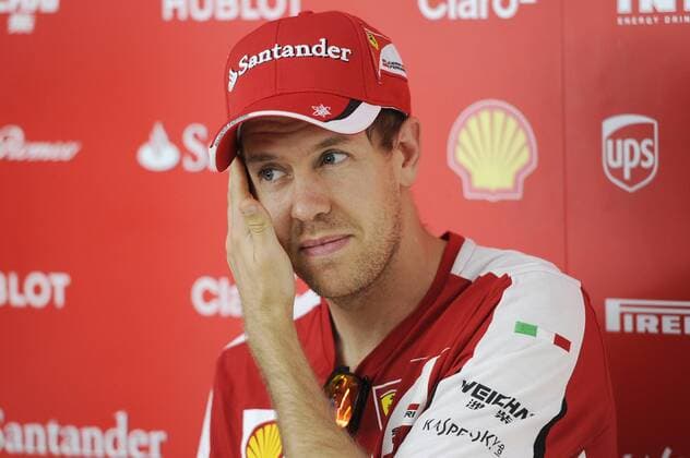 Aktuell Motorsport, Formel 1, GP Barcelona, Pressetermin Ferrari mit Sebastian Vettel und Kimi Räikkönen Sebastian VETTEL,GER (Scuderia Ferrari),Aktion,Einzelbild,angeschnittenes Einzelmotiv,Portraet,Portrait,Porträt,skeptisch,Gestik. Pressekonferenz Formel 1:GP von Spanien,Circuit de Catalunya,Saison2015,am 07.05.2015.