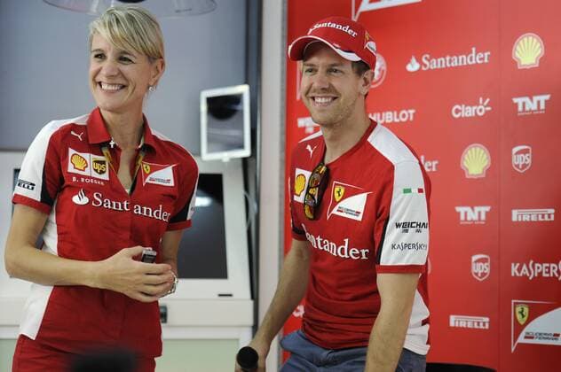 Aktuell Motorsport, Formel 1, GP Barcelona, Pressetermin Ferrari mit Sebastian Vettel und Kimi Räikkönen Sebastian VETTEL,GER (Scuderia Ferrari) mit Pressesprecherin Britta ROESKE; Pressekonferenz. Formel 1:GP von Spanien,Circuit de Catalunya,Saison2015,am 07.05.2015.