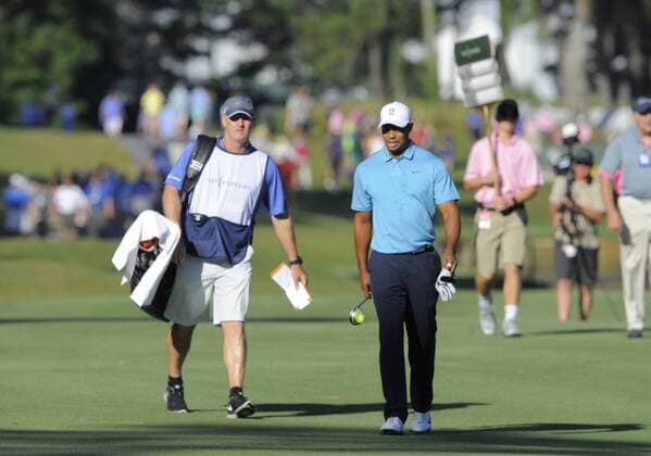 08 May 2015: Tiger Woods and his caddie during the second round of The Players Championship at TPC Sawgrass Ponte Vedra Beach Florida. GOLF: MAY 08 PGA Golf Herren - THE PLAYERS Championship - Second Round Icon150580124 EDITORIAL USE ONLY