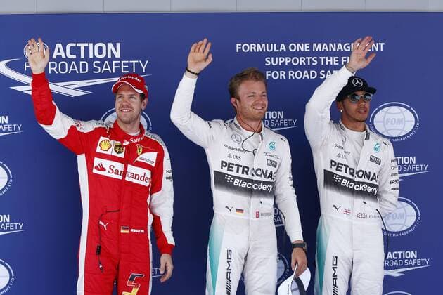 Motorsports: FIA Formula One World Championship WM Weltmeisterschaft 2015, Grand Prix of Spain, 5 Sebastian Vettel (GER, Scuderia Ferrari), 6 Nico Rosberg (GER, Mercedes AMG Petronas Formula One Team), 44 Lewis Hamilton (GBR, Mercedes AMG Petronas Formula One Team), xHOCHxZWEIx