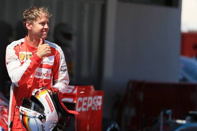 09.05.2015. Circuit de Catalunya Barcelona, Spain, qualifying day. Scuderia Ferrari driver Sebastian Vettel gives the thumbs up to the crowd after he takes the 3rd spot on the grid for tomorrows race xLeannexBoonx  ActionPlus11619227